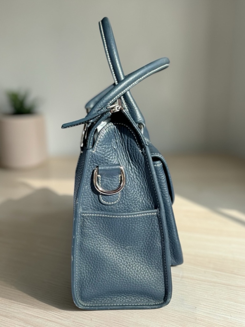 Dooney & Bourke Navy Blue Pebbled Leather Double Pocket Satchel - Picture 3 of 10